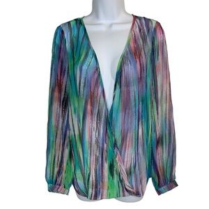 ARK & CO Sheer Water Color Wrap Front & Back Long Sleeve Top Sz S